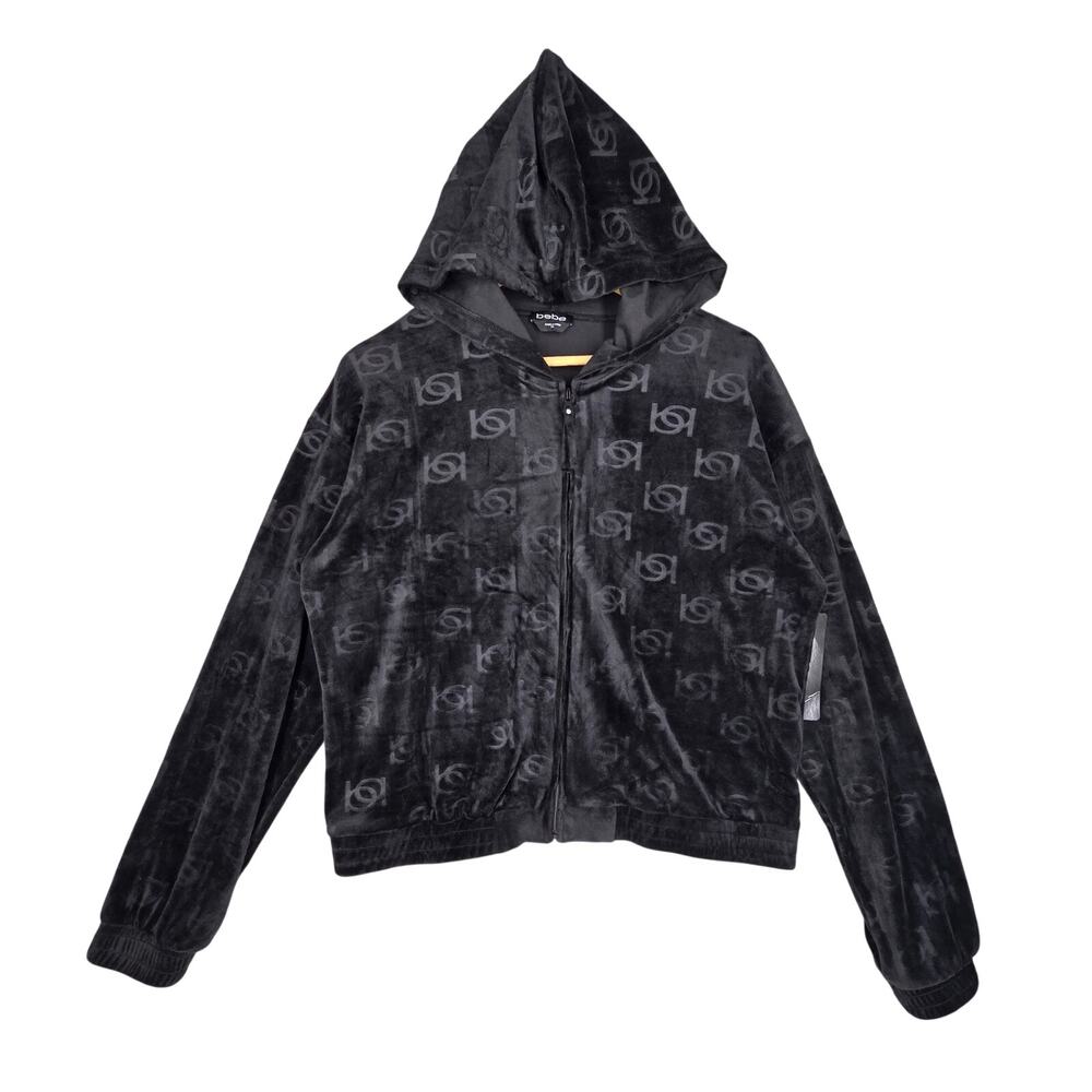 BEBE WOMEN’S BLACK VELOUR MONOGRAM ZIP‑UP HOODIE – SIZE XL - COZY & LIGHT